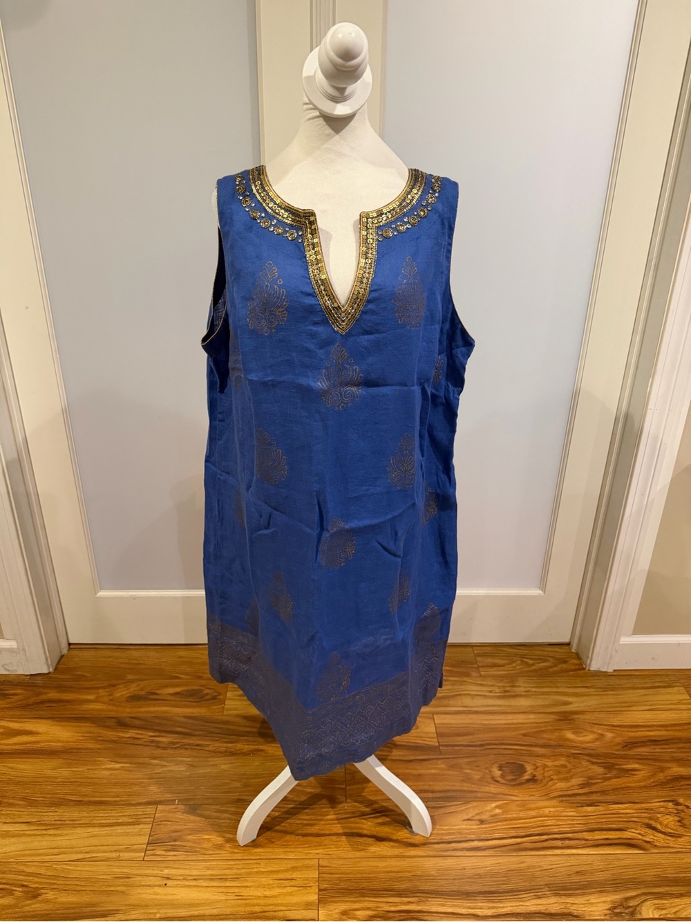 Soft Surroundings Royal Blue Linen Dress with Gold Accent